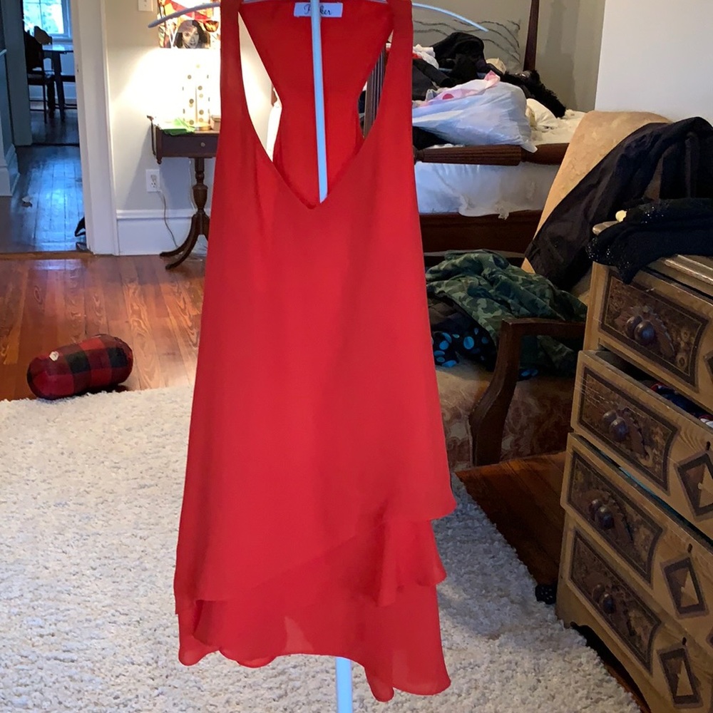 Parker Red Backless V-Neck Layered Chiffon Cocktail Dress